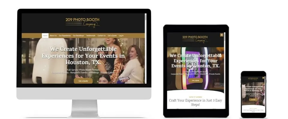Responsive website redesign for 209 Photo Booth Company displayed across desktop, tablet and mobile