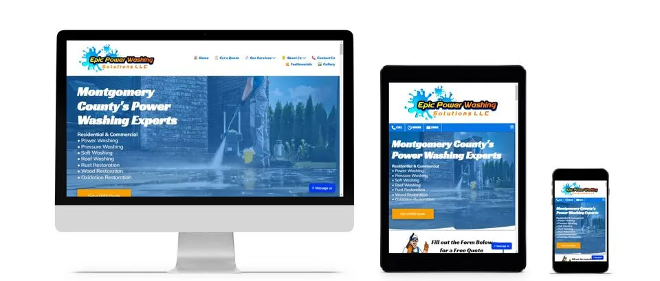 Responsive website design for Epic Power Washing Solutions shown on desktop, tablet and mobile devices