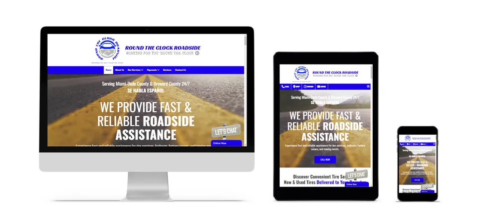 Responsive website design for Round The Clock Roadside displayed on desktop, tablet and mobile devices